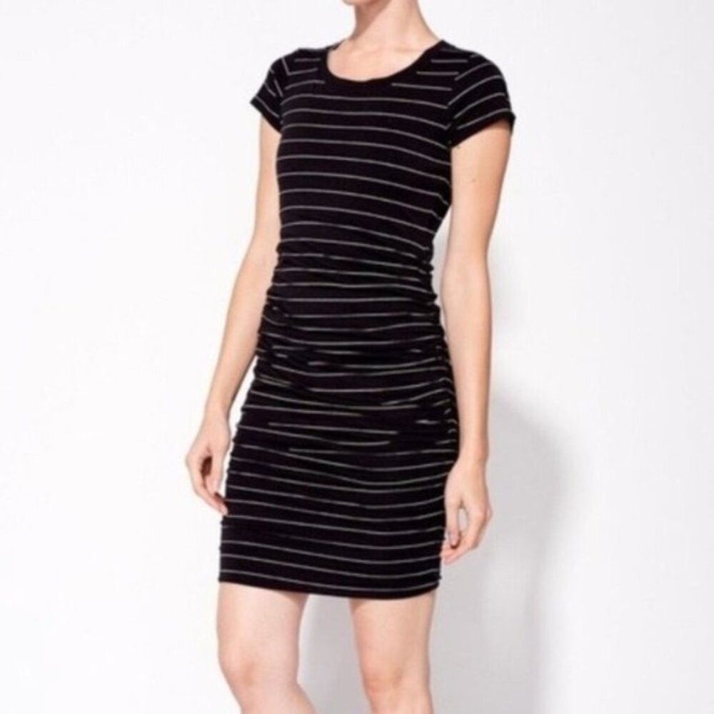 SUNDRY Striped Ruched T-Shirt Pocket Front Dress